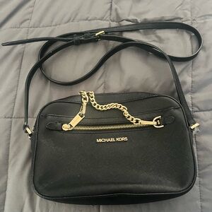 Michael Kors Black Leather Crossbody with Gold Chain Trim